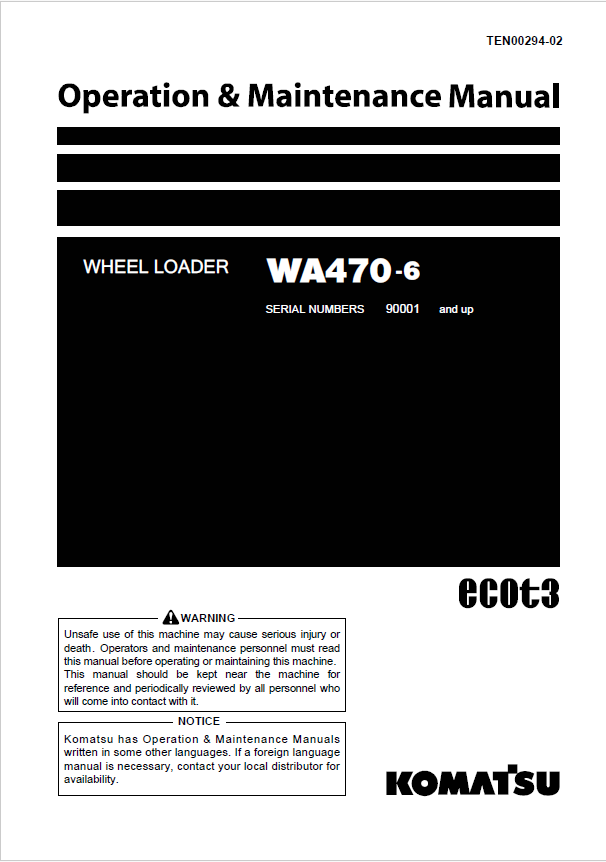 Komatsu WA470-6 Wheel Loader Operation & Maintenance Manual PDF