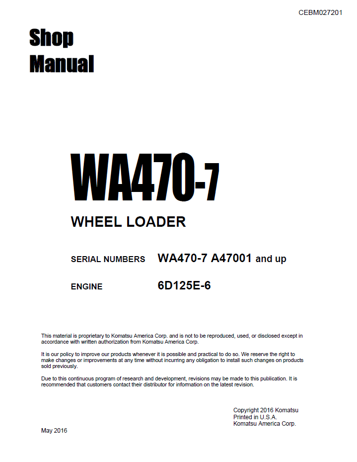 Komatsu WA470-7 Wheel Loader Factory Shop Manual | CEBM027201