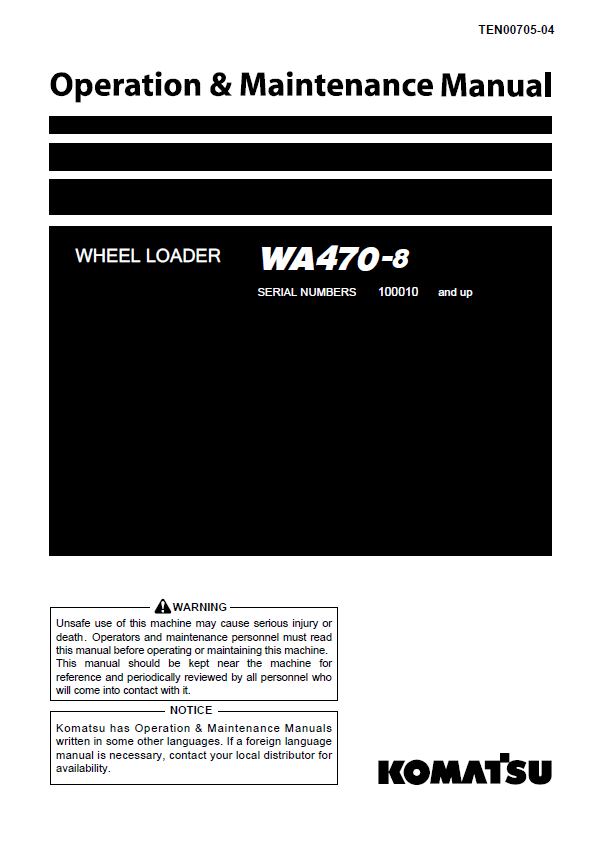 Komatsu WA470-8 Wheel Loader Operation & Maintenance Manual (PDF)