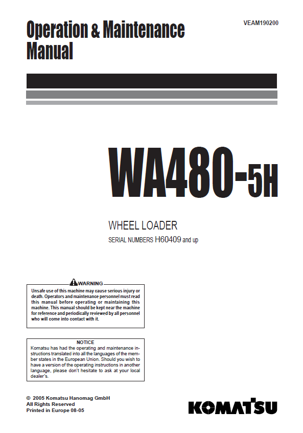 Komatsu WA480-5H Wheel Loader Operation & Maintenance Manual PDF Download