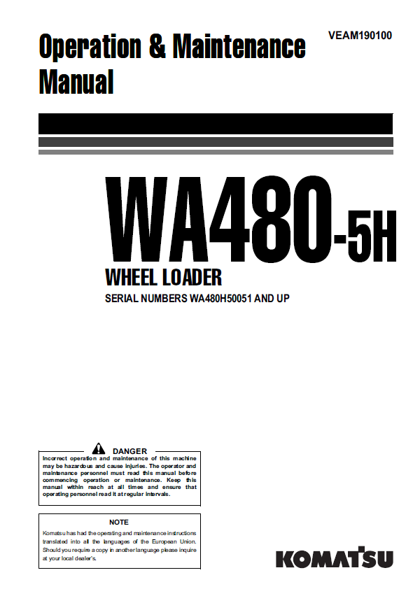 Komatsu WA480-5H Wheel Loader Operation & Maintenance Manual [PDF Download]