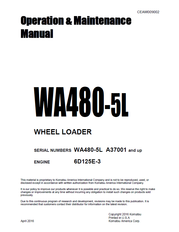 Komatsu WA480-5L Wheel Loader Operation and Maintenance Manual CEAM009002 PDF