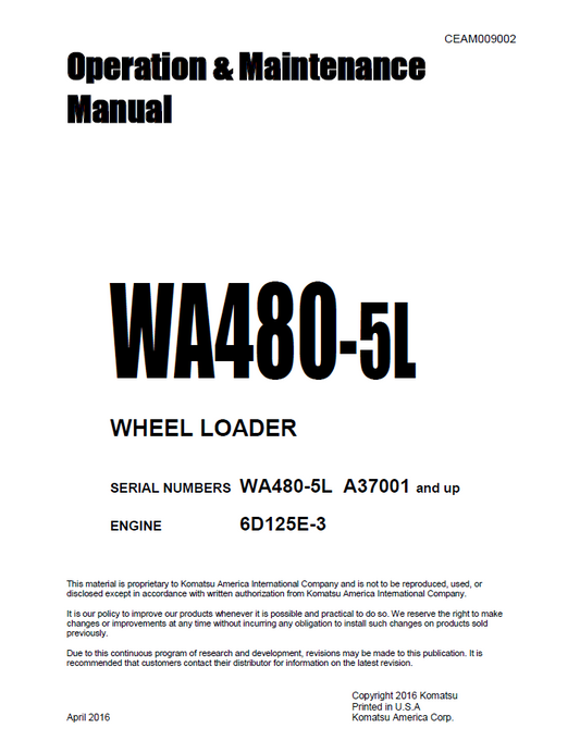 Komatsu WA480-5L Wheel Loader Operation and Maintenance Manual CEAM009002 PDF