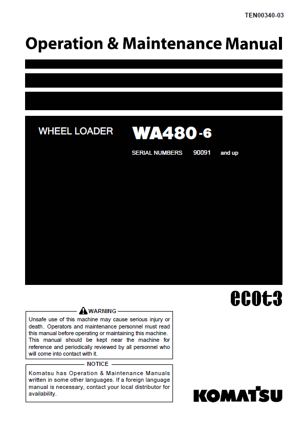 Komatsu WA480-6 Wheel Loader Operation & Maintenance Manual PDF