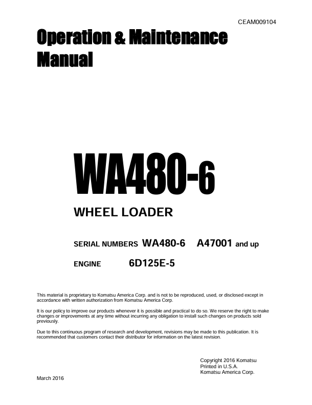 Komatsu WA480-6 Wheel Loader Operation & Maintenance Manual 