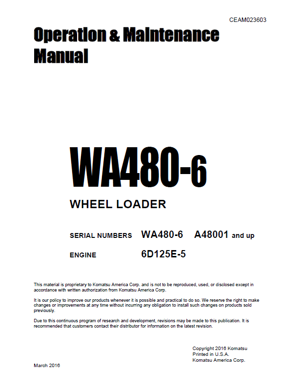 Komatsu WA480-6 Wheel Loader Operation Manual CEAM023603 PDF
