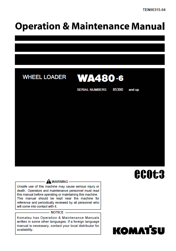 Komatsu WA480-6 Wheel Loader Operation & Maintenance Manual PDF
