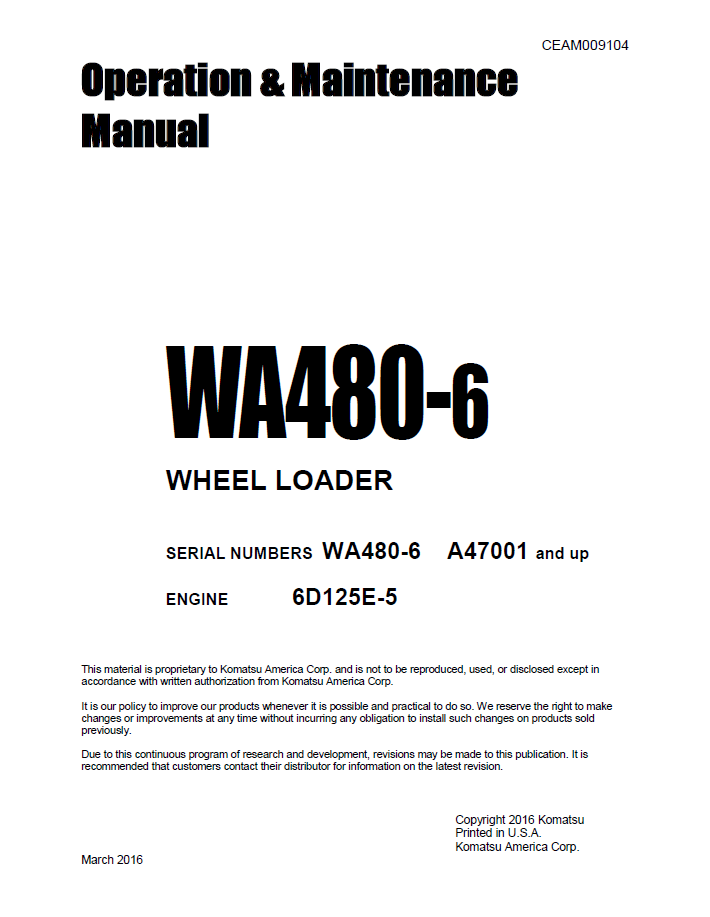 Komatsu WA480-6 Wheel Loader Operation and Maintenance Manual CEAM009104 PDF