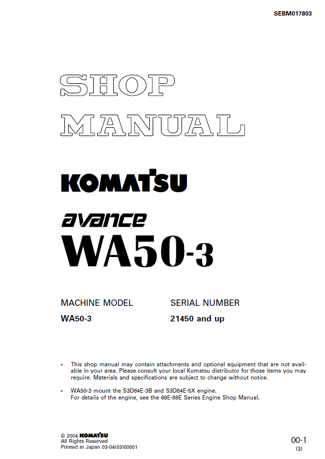 Komatsu WA50-3 Engine Shop Manual SEBM017803 PDF