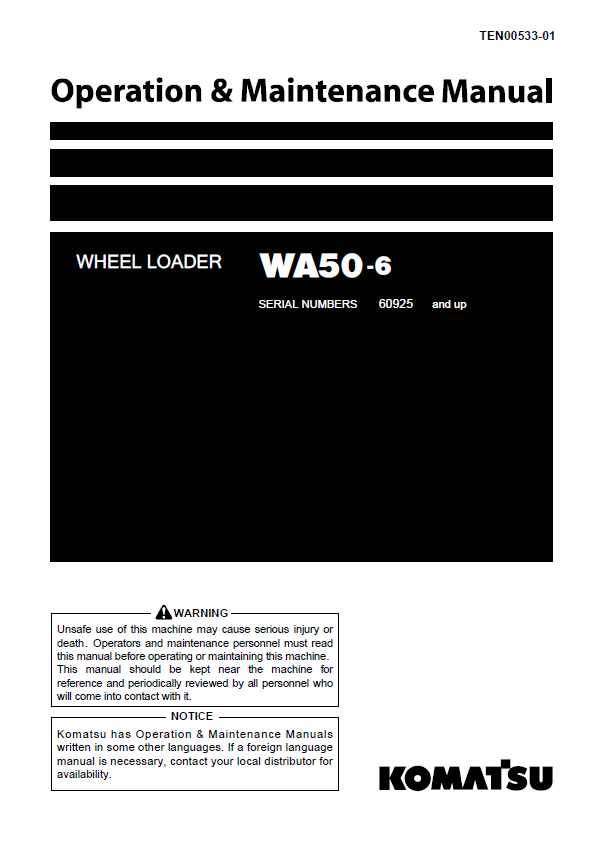 Komatsu WA50-6 Wheel Loader Operation & Maintenance Manual PDF