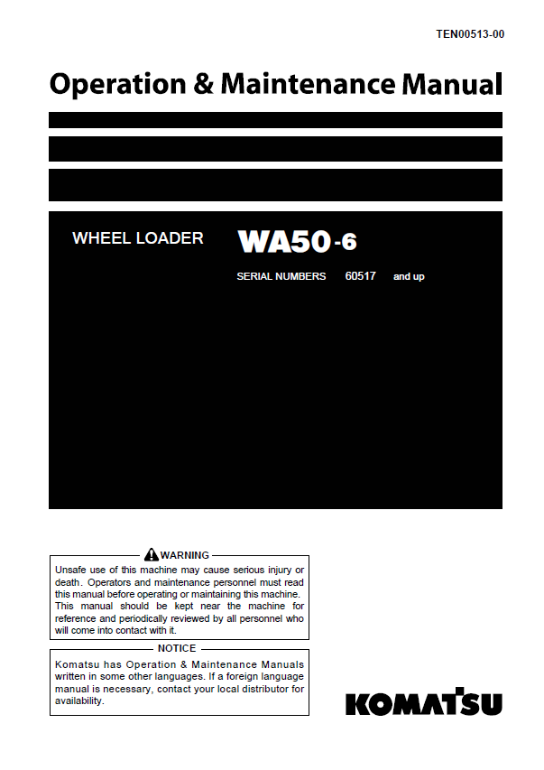 Komatsu WA50-6 Wheel Loader Operation & Maintenance Manual PDF