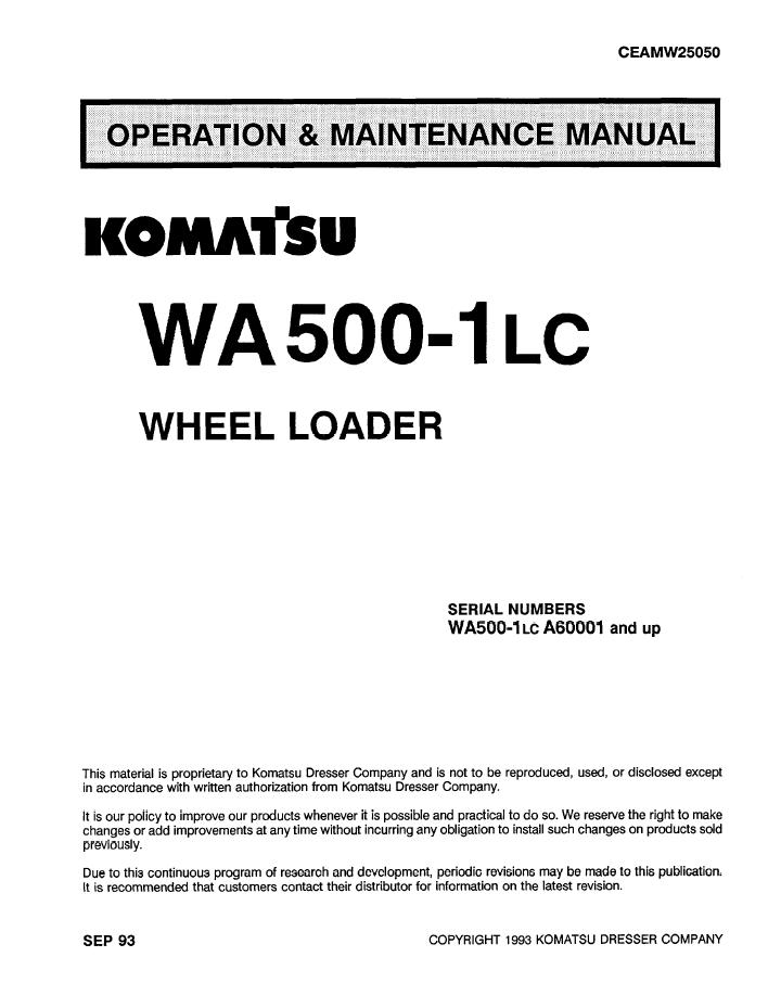 Komatsu WA500-1LC Wheel Loader Operation & Maintenance Manual CEADW25050