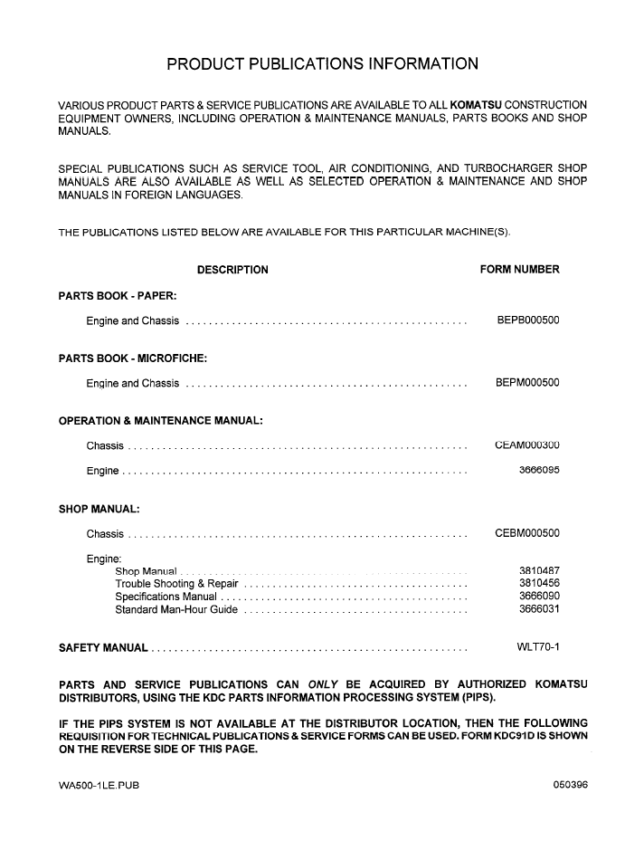 Komatsu WA500-1 Operation Maintenance Manual CEAD000300