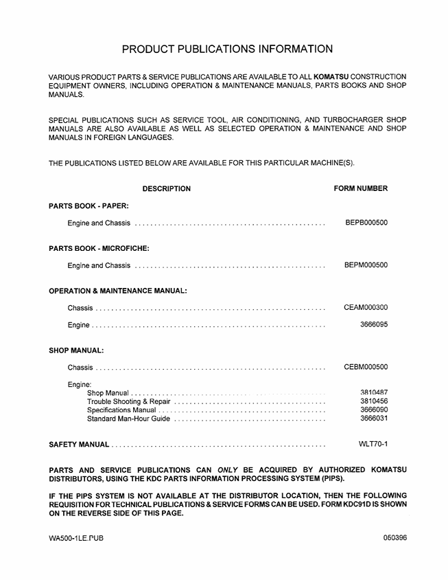 Komatsu WA500-1 Wheel Loader Operation & Maintenance Manual
