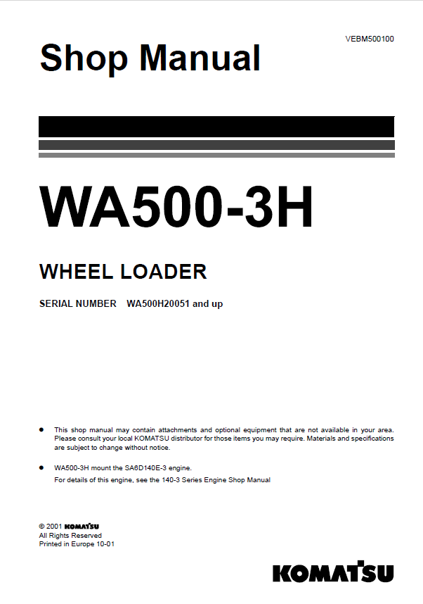 Komatsu WA500-3H Wheel Loader Shop Manual PDF