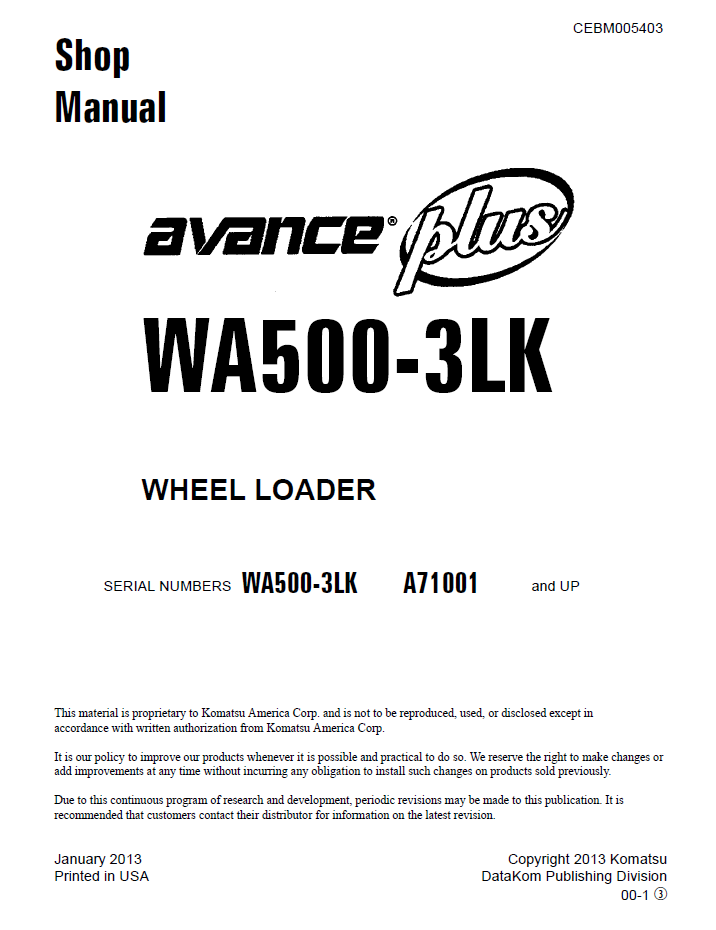 Komatsu WA500-3LK Repair Manual CEBM005403 PDF