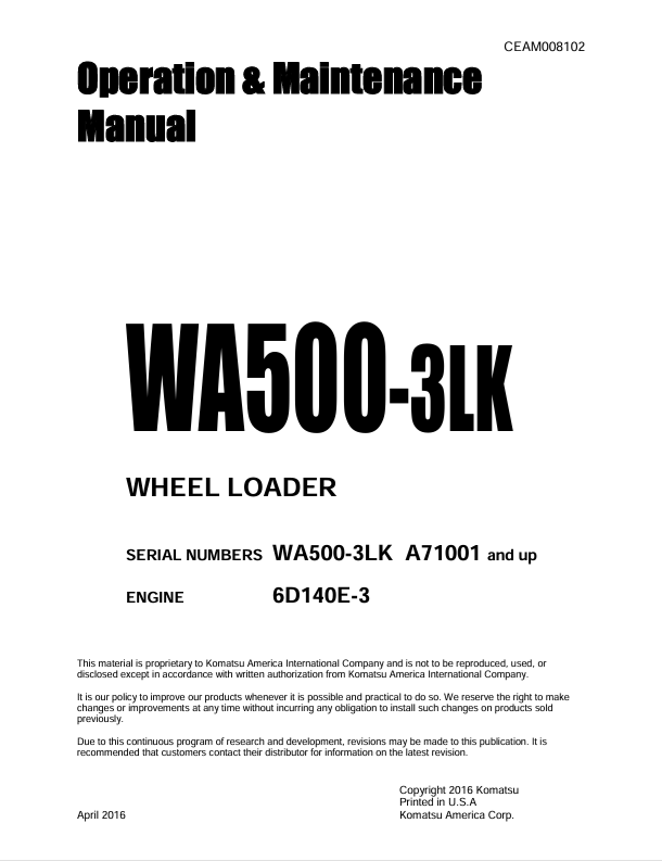 Komatsu WA500-3LK Wheel Loader Operation & Maintenance Manual PDF