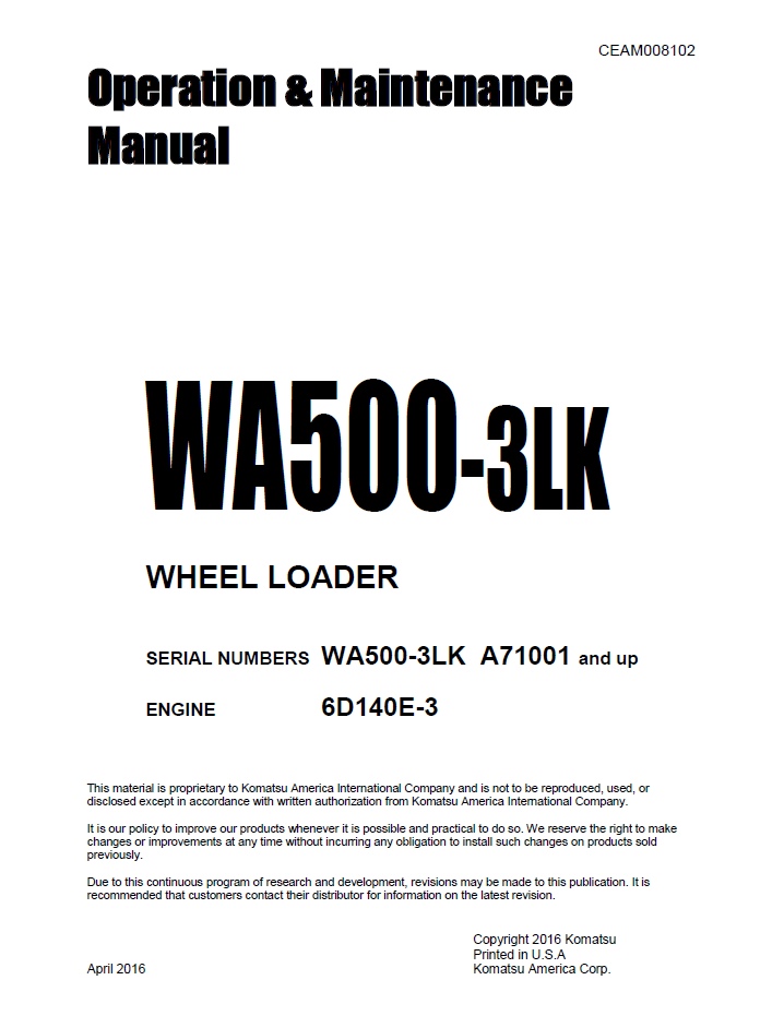 Komatsu WA500-3LK Wheel Loader Operation and Maintenance Manual CEAM008102 PDF