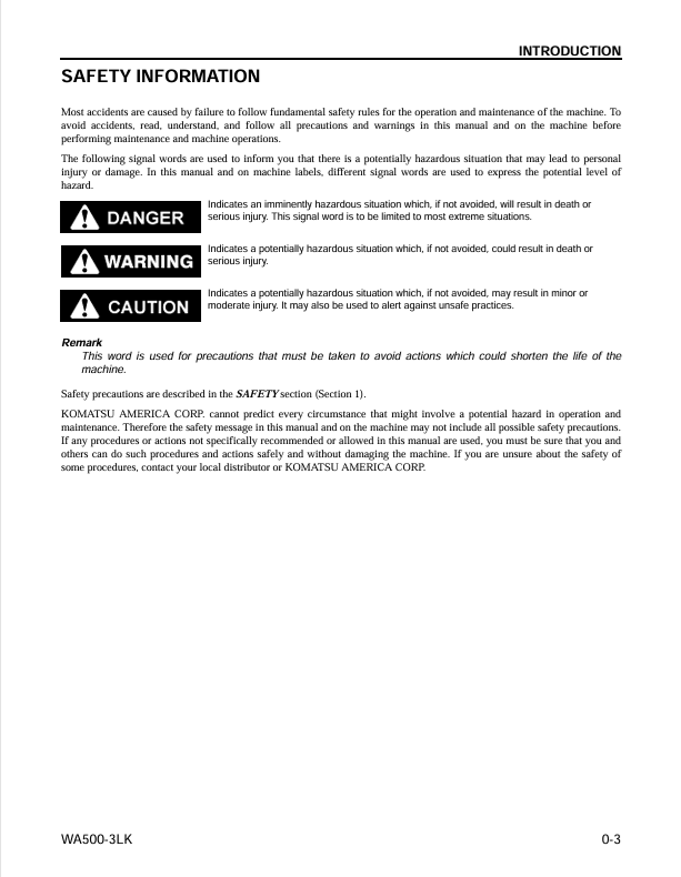 Komatsu WA500-3LK Wheel Loader Service & Maintenance Manual PDF