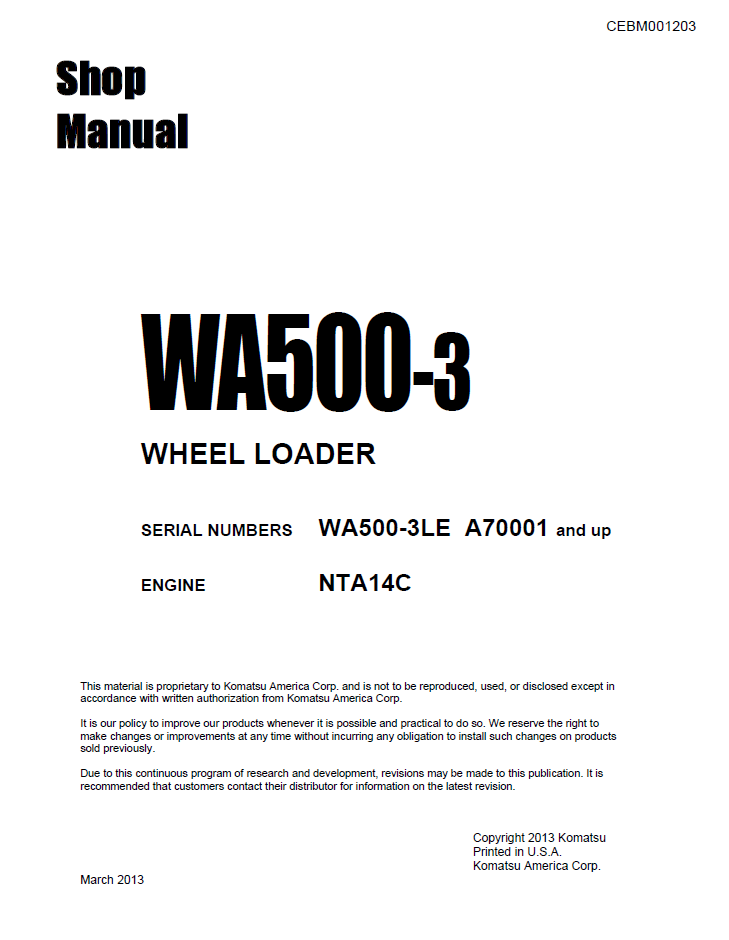 Komatsu WA500-3 Repair Manual CEBM001203 PDF