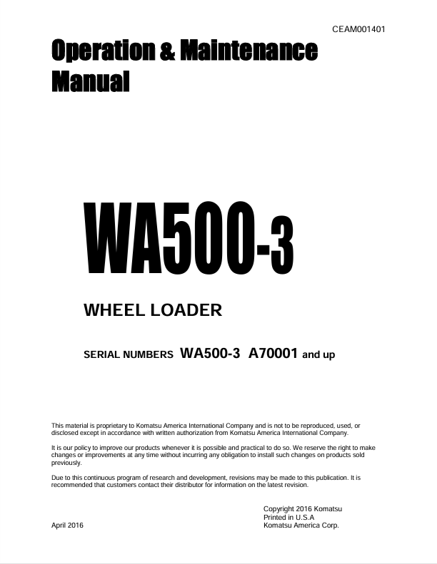 Komatsu WA500-3 Wheel Loader Operation & Maintenance Manual 