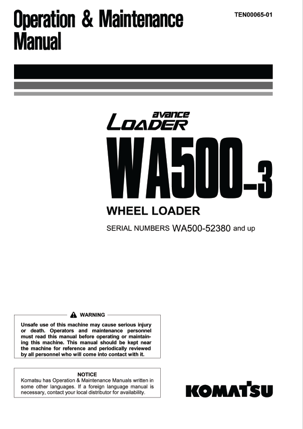 Komatsu WA500-3 Wheel Loader Operation & Maintenance Manual PDF