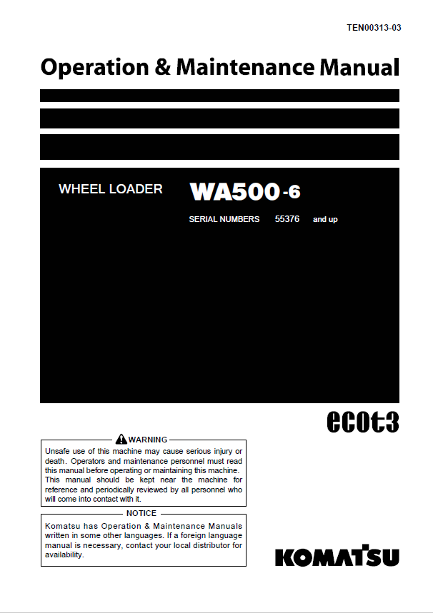 Komatsu WA500-6 Wheel Loader Operation & Maintenance Manual PDF
