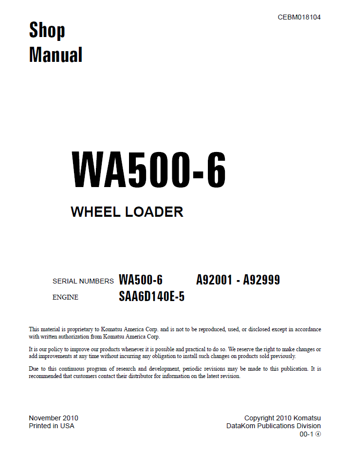 Komatsu WA500-6 Wheel Loader Official Shop Manual CEBM018104 PDF