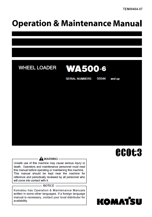 Komatsu WA500-6 Wheel Loader Operation & Maintenance Manual TEN00464-07 PDF