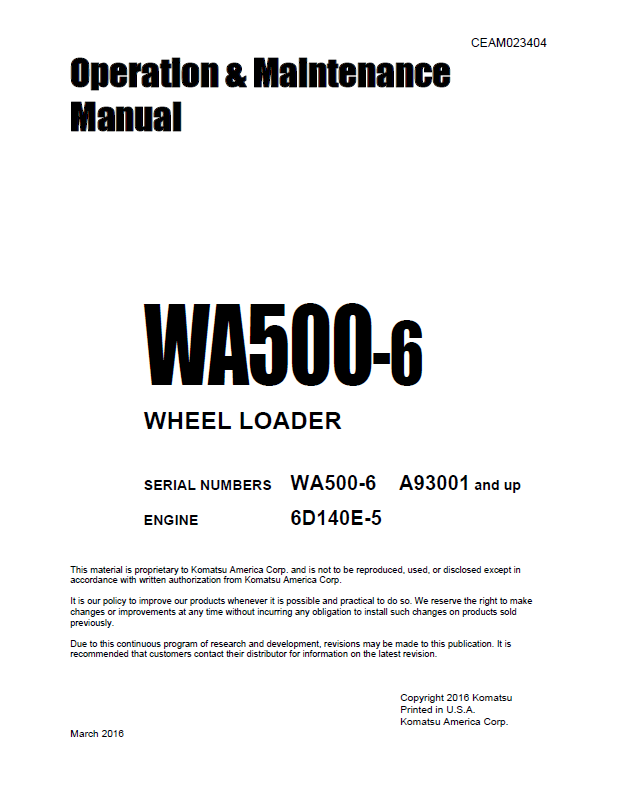 Komatsu WA500-6 Wheel Loader Operation Manual CEAM023404 PDF