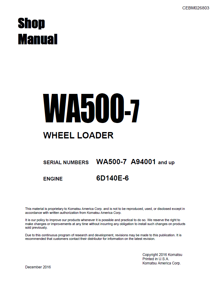 Komatsu WA500-7 Wheel Loader Shop Manual | CEBM026803 PDF