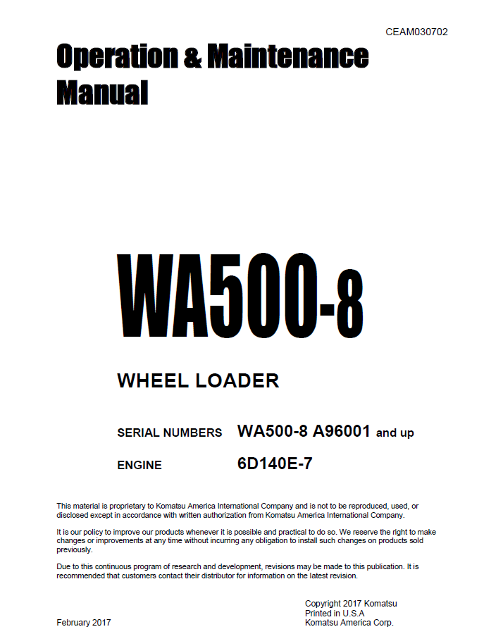Komatsu WA500-8 Maintenance Manual CEAM030702 PDF