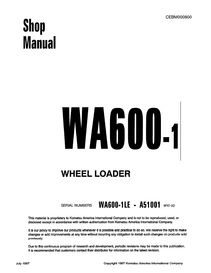 Komatsu WA600-1 Wheel Loader Shop Manual CEBD000800 PDF