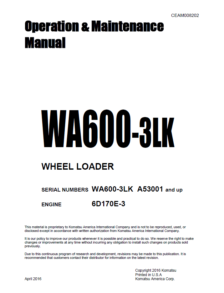 Komatsu WA600-3LK Wheel Loader Operation and Maintenance Manual CEAM008202 PDF