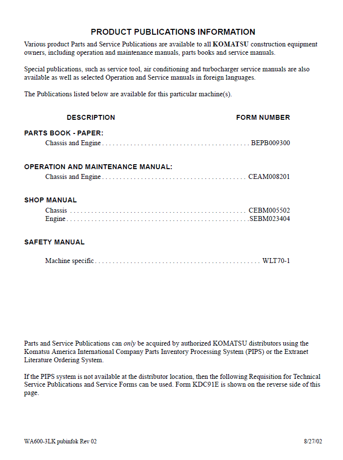 Komatsu WA600-3LK Wheel Loader Workshop Manual CEBD005502