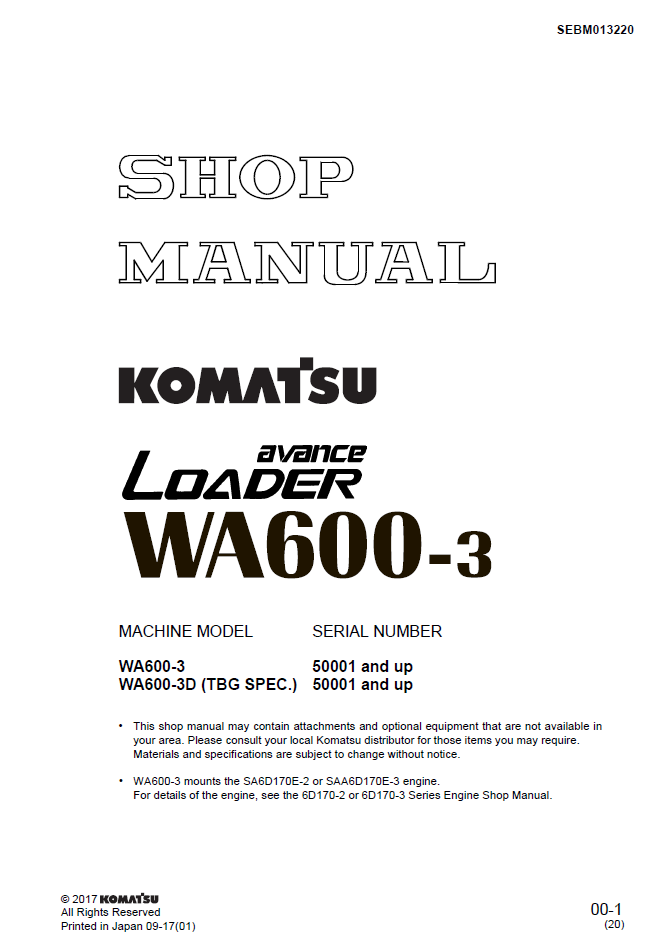 Komatsu WA600-3 Loader Shop Manual SEBM013220 PDF