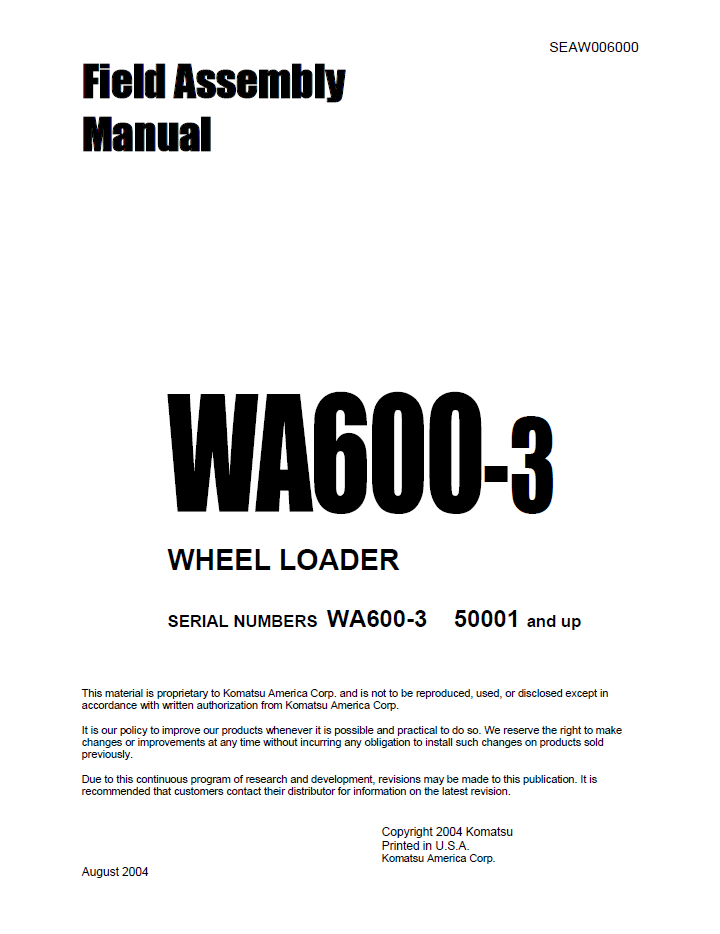 Komatsu WA600-3 Wheel Loader Field Assembly Manual (SEAWD06000) - PDF Download