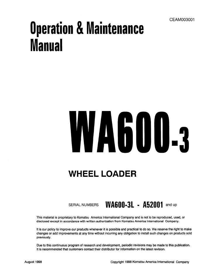 Komatsu WA600-3 Wheel Loader Manual CEAD003001 PDF