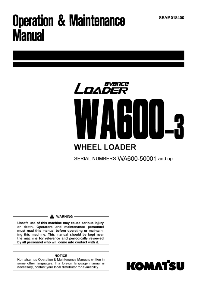 Komatsu WA600-3 Wheel Loader Operation & Maintenance Manual | SEAM018400