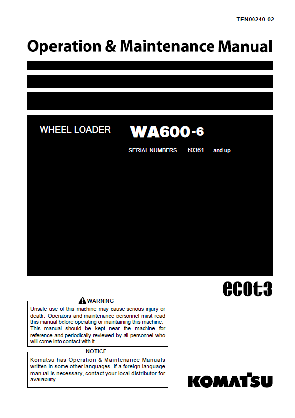 Komatsu WA600-6 Wheel Loader Operation & Maintenance Manual PDF
