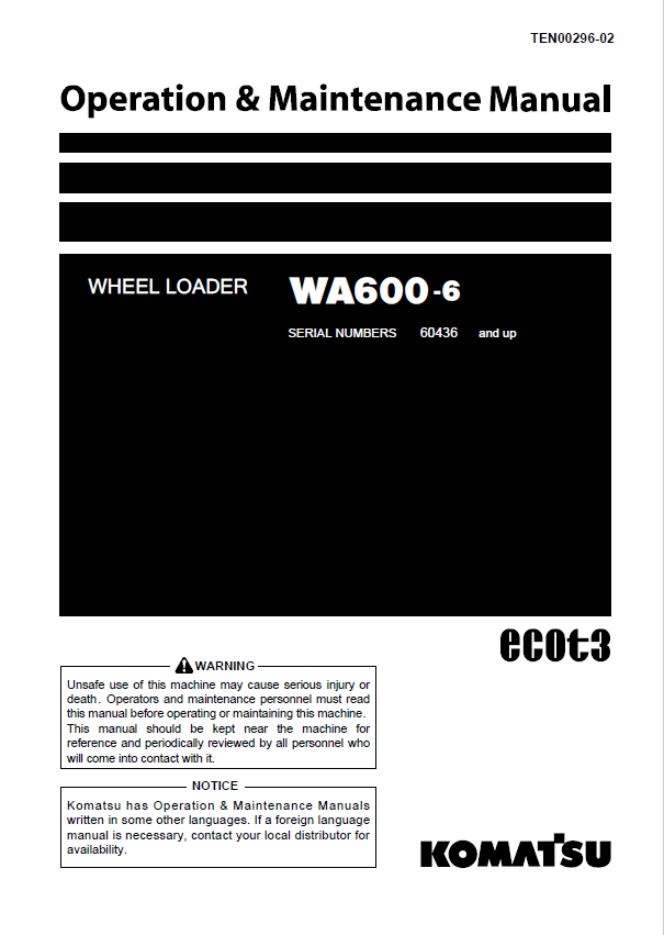 Komatsu WA600-6 Wheel Loader Operation & Maintenance Manual PDF