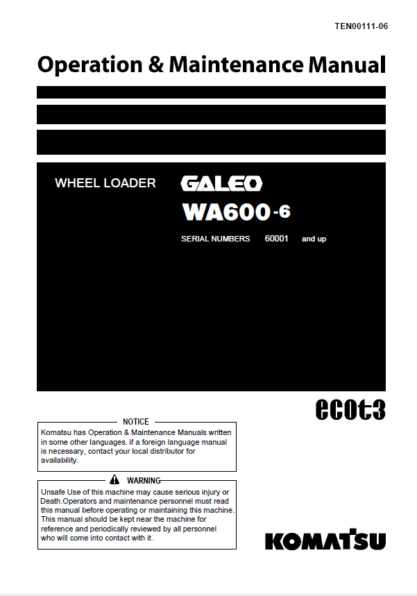 Komatsu WA600-6 Wheel Loader Operation & Maintenance Manual PDF