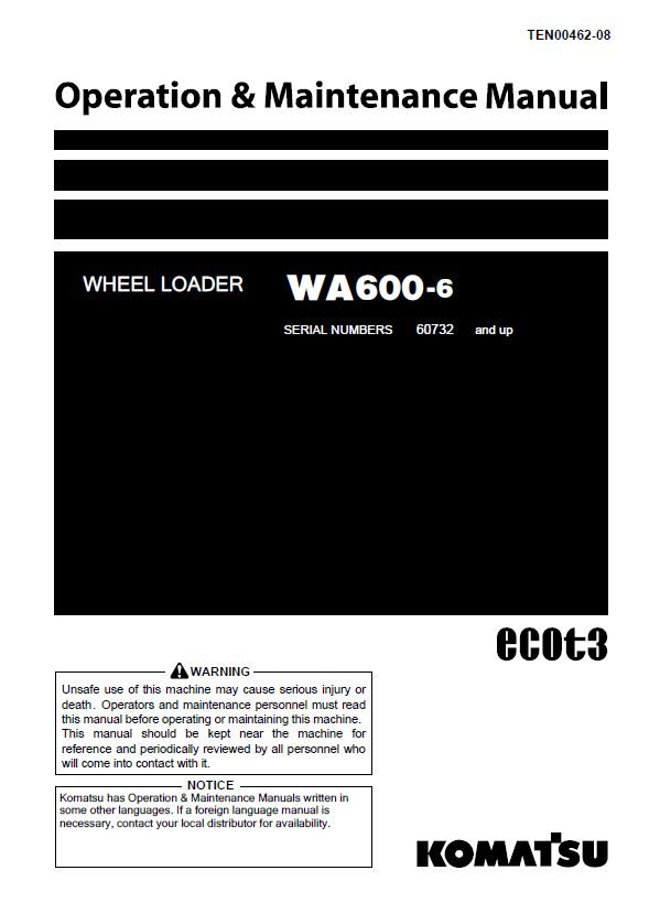 Komatsu WA600-6 Wheel Loader Operation & Maintenance Manual (TEN00462-08)