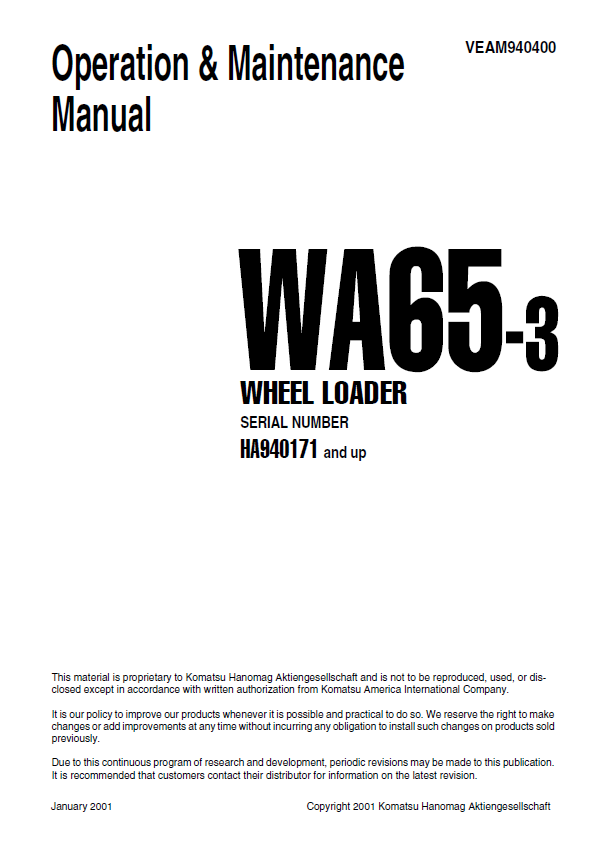 Komatsu WA65-3 Wheel Loader Operation & Maintenance Manual (PDF Download)