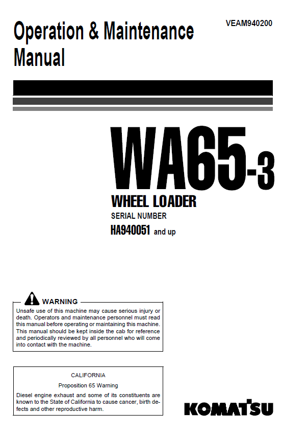 Komatsu WA65-3 Wheel Loader Operation & Maintenance Manual [PDF Download]