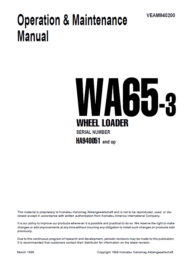 Komatsu WA65-3 Wheel Loader Operator's & Service Maintenance Guide (PDF)