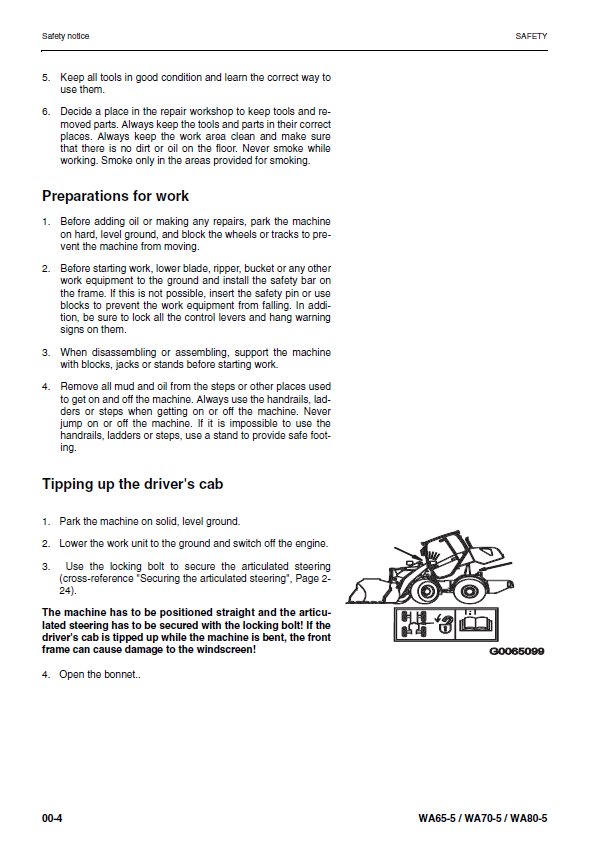 Komatsu WA65-5, WA70-5, WA80-5 Wheel Loader Maintenance & Shop Manual
