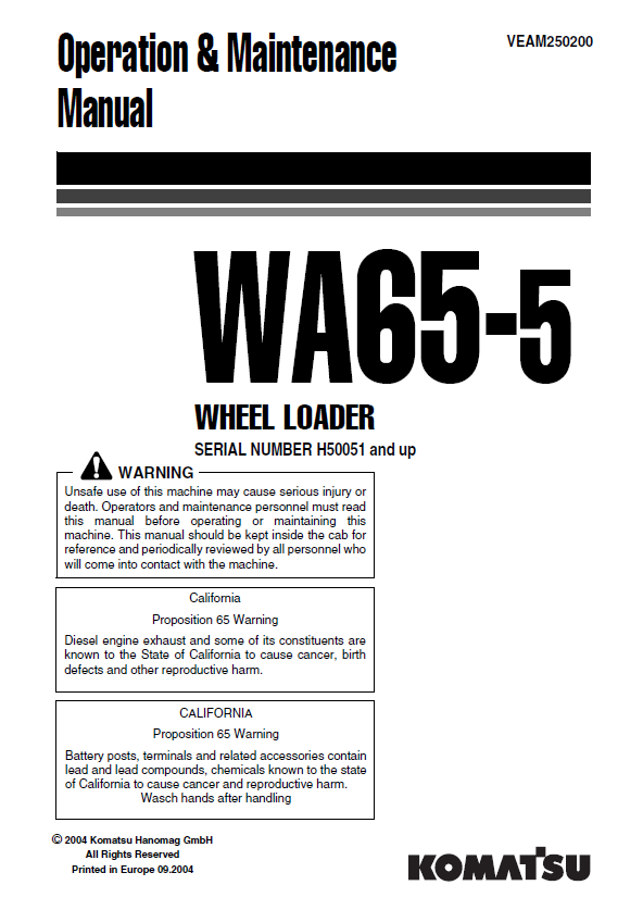 Komatsu WA65-5 Wheel Loader Operation & Maintenance Manual (PDF Download)