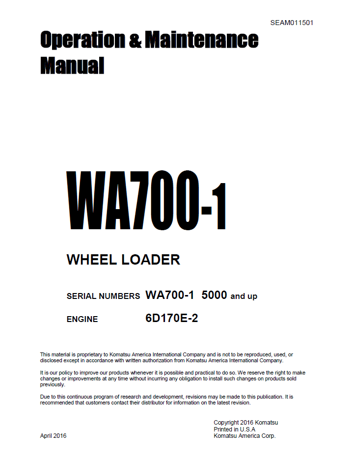 Komatsu WA700-1 Wheel Loader Operation & Maintenance Manual | SEAM011501