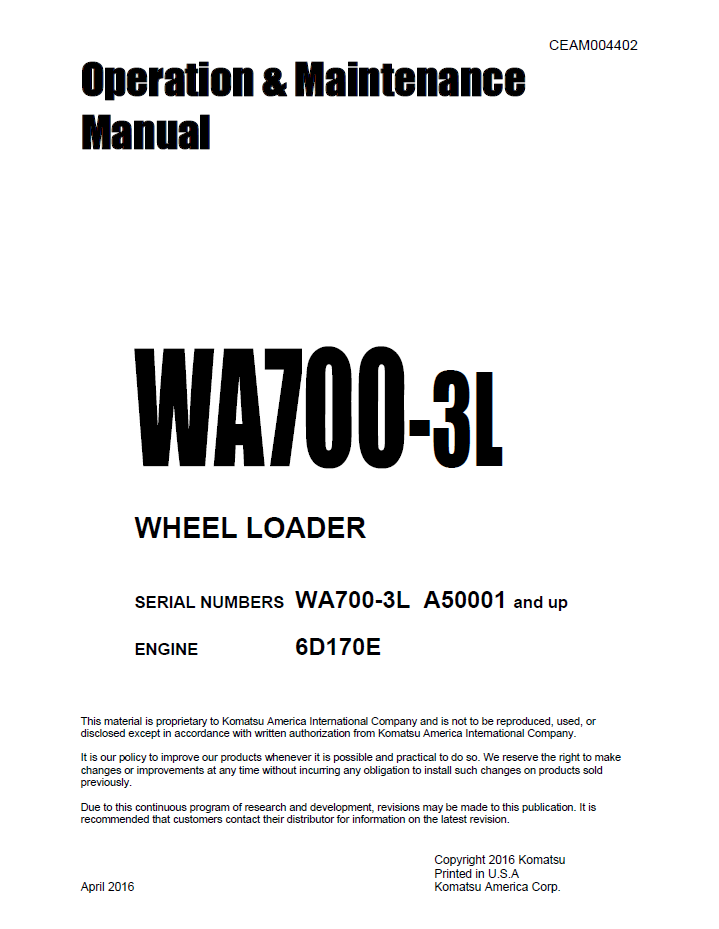 Komatsu WA700-3L Wheel Loader Operation and Maintenance Manual CEAM004402 PDF